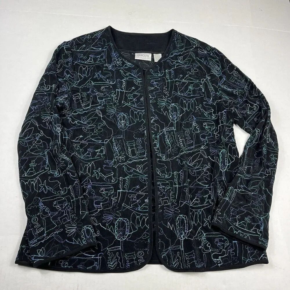 Chicos Travelers Cardigan Jacket Embroidered Boho Artsy Open Front Knit 1 MEDIUM